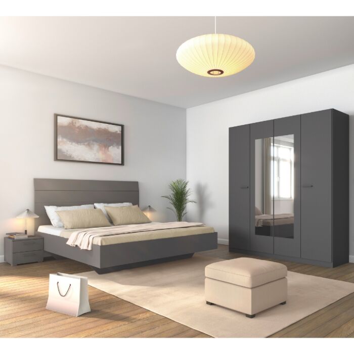 Florenz Ledikant 180x200 met Nachtkastjes en Kledingkast met Spiegel B181 cm - Grijs Metallic main product photo