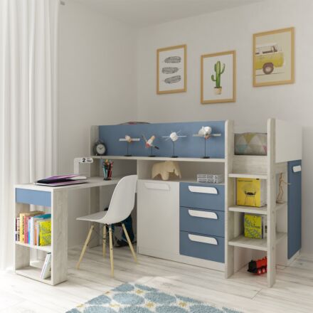 yolo halfhoogslaper blauw met bureau, ladekast, kasten en opbergvakken