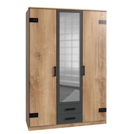 liverpool 3-deurs kledingkast met spiegel en lades in grafietgrijs en eiken